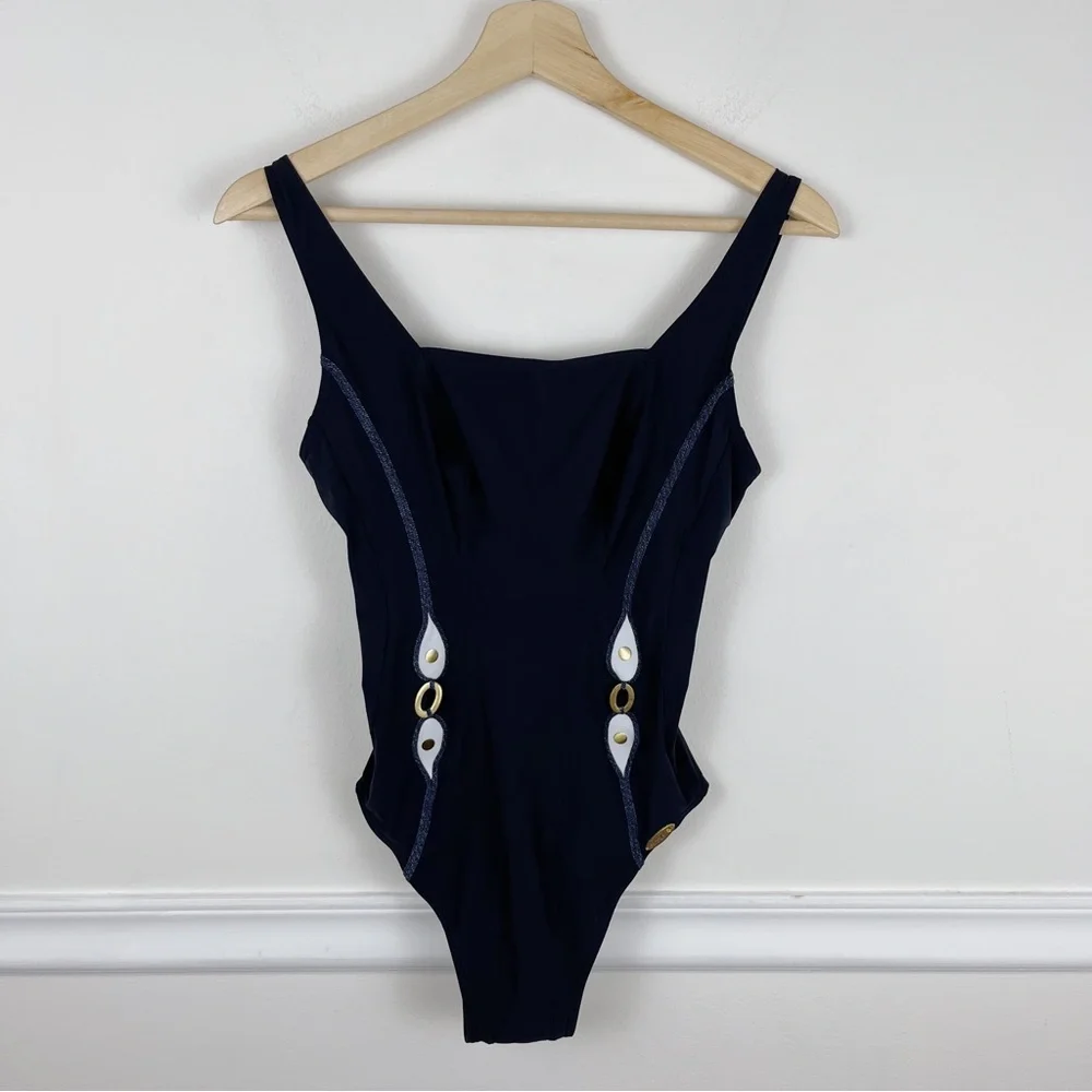 Sunflair Blue Gold Square Neck Shaping One Piece Bathing Suit Size 10